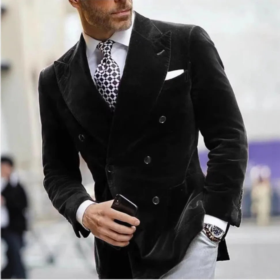 Men's slim-fit single coat suit jacket in cotton blend, available in black, wine red, and royal blue, sizes XXS to 7XL