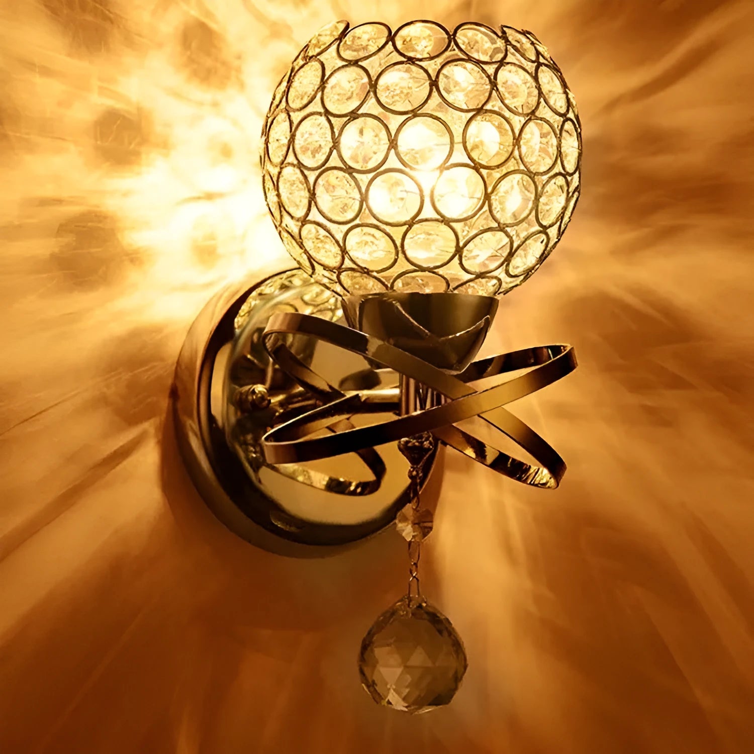 Crystal wall lamp with gold finish and crystal pendant for bedside or corridor use, 220V E27 holder