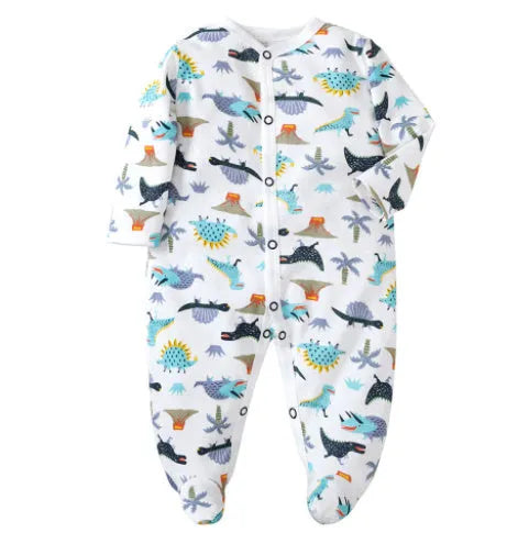 A soft cotton baby one-piece garment featuring a dinosaur print, shown on a hanger.