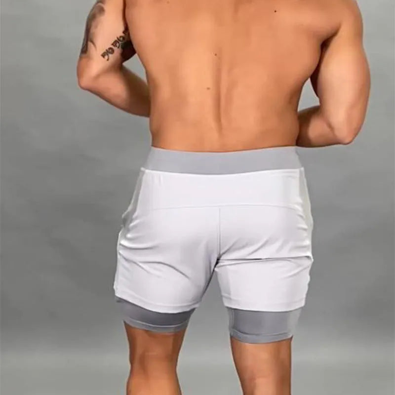 Men's 2-in-1 quick-drying running shorts in grey, featuring double-layer design for phone storage