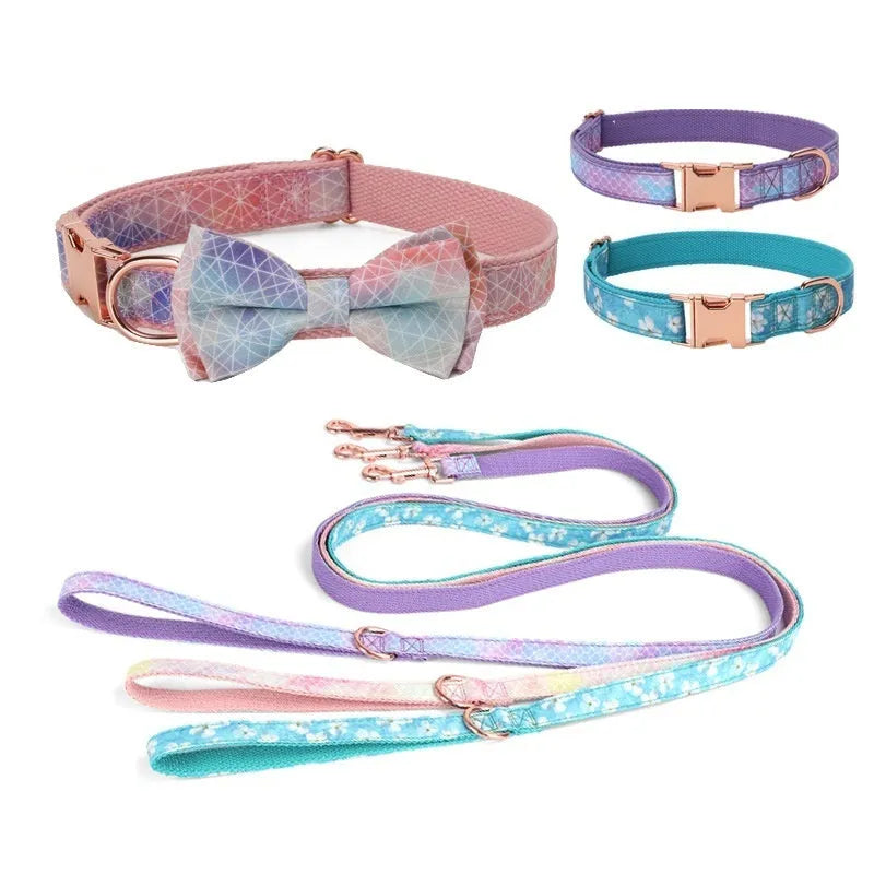 Rose gold buckle pet collar with bow decoration in multiple colour patterns