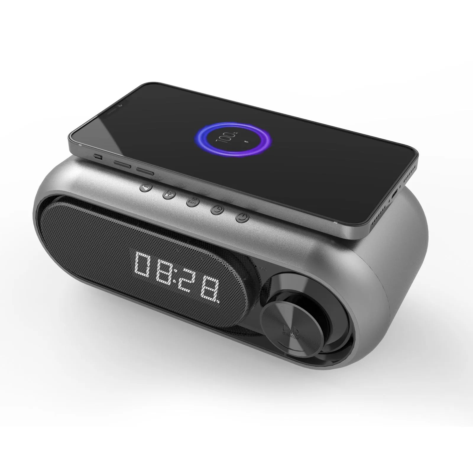Space grey bedside wireless charging alarm clock with Bluetooth speaker and LED display