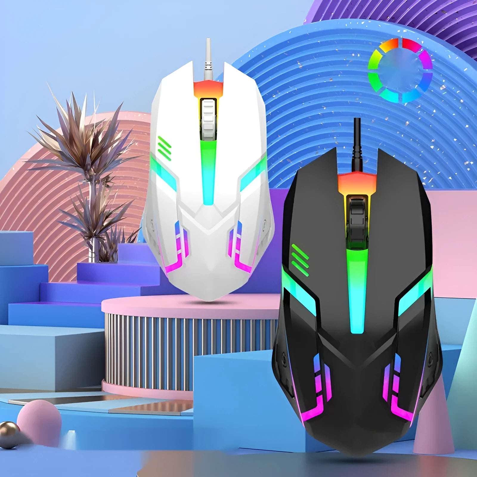 Black e-sports weighted wired mouse with USB cable on flat surface