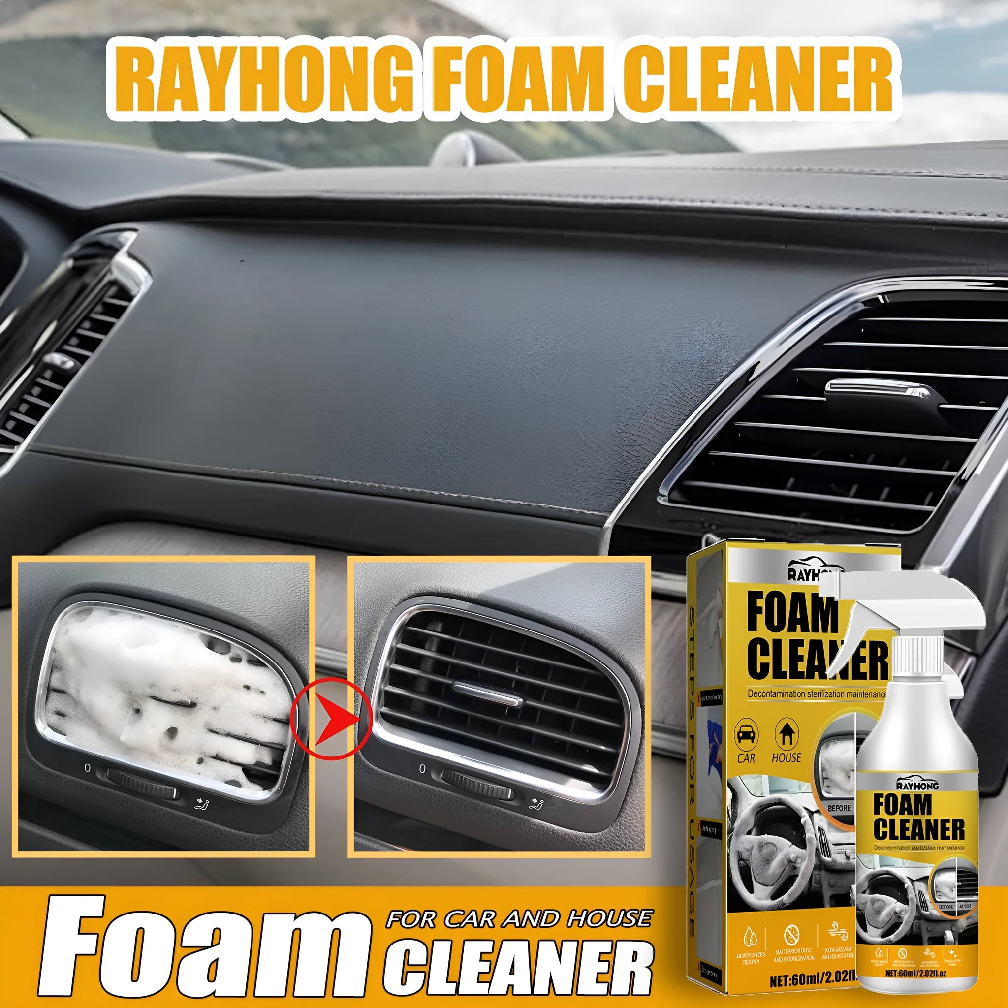 60ml car interior foamed cleaner with application sponge in 6x6x11cm packaging
