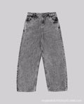 Grey loose straight-leg denim trousers for men and women with mid-waist fit
