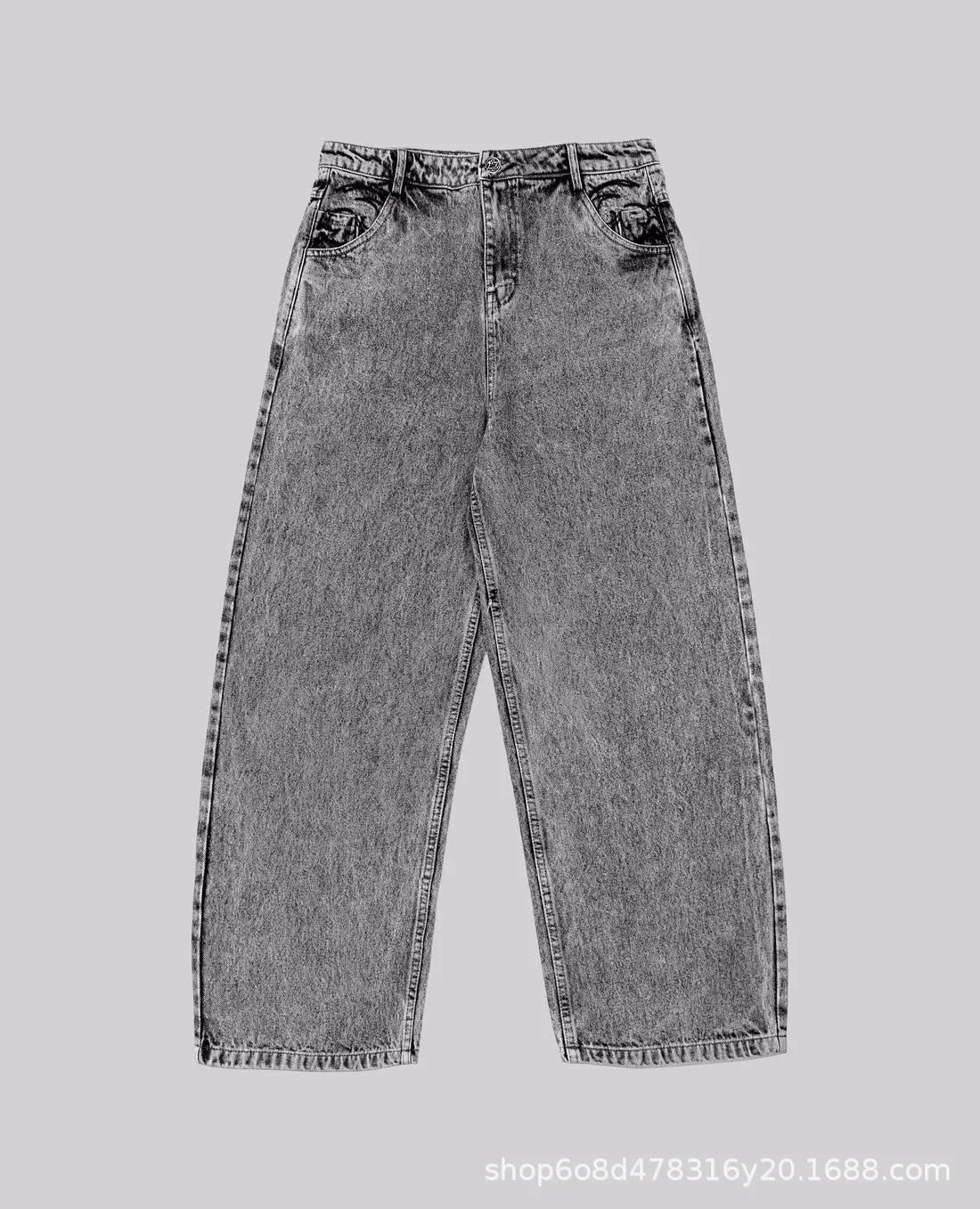 Grey loose straight-leg denim trousers for men and women with mid-waist fit