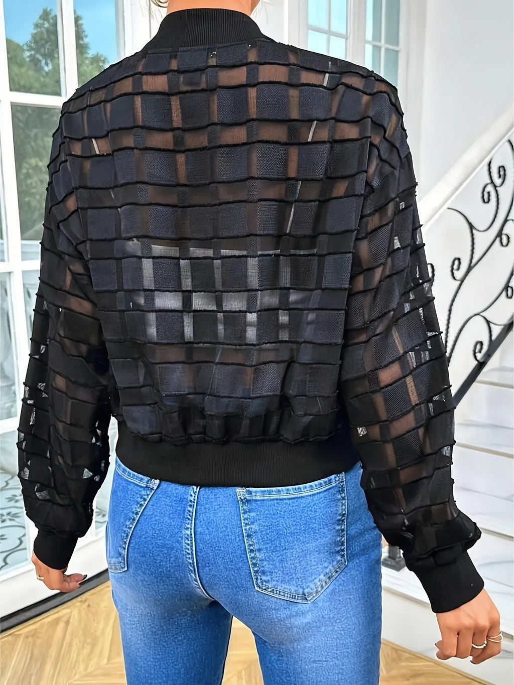 Women's black semi-transparent casual jacket with geometric pattern and thread zipper