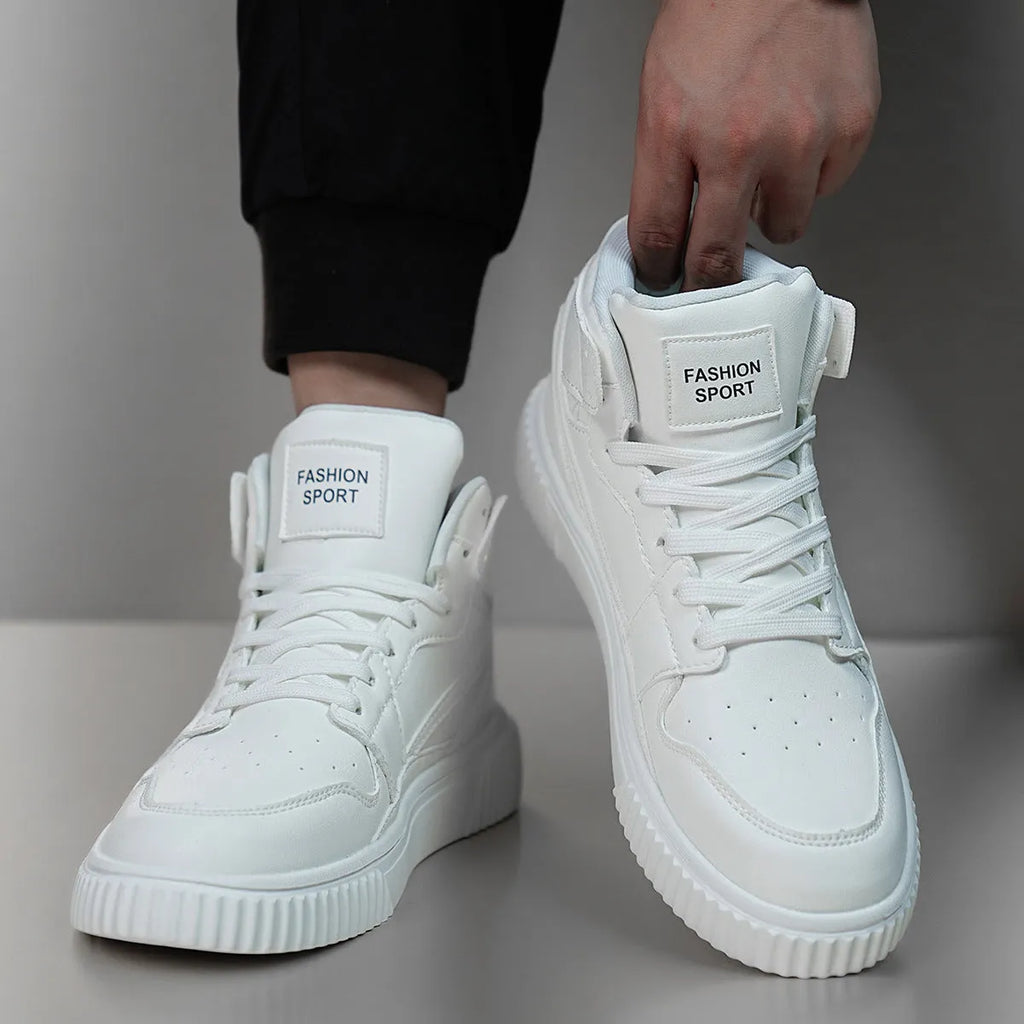 Solid white men's casual round-toe shoes made from microfiber, shown on a plain background.