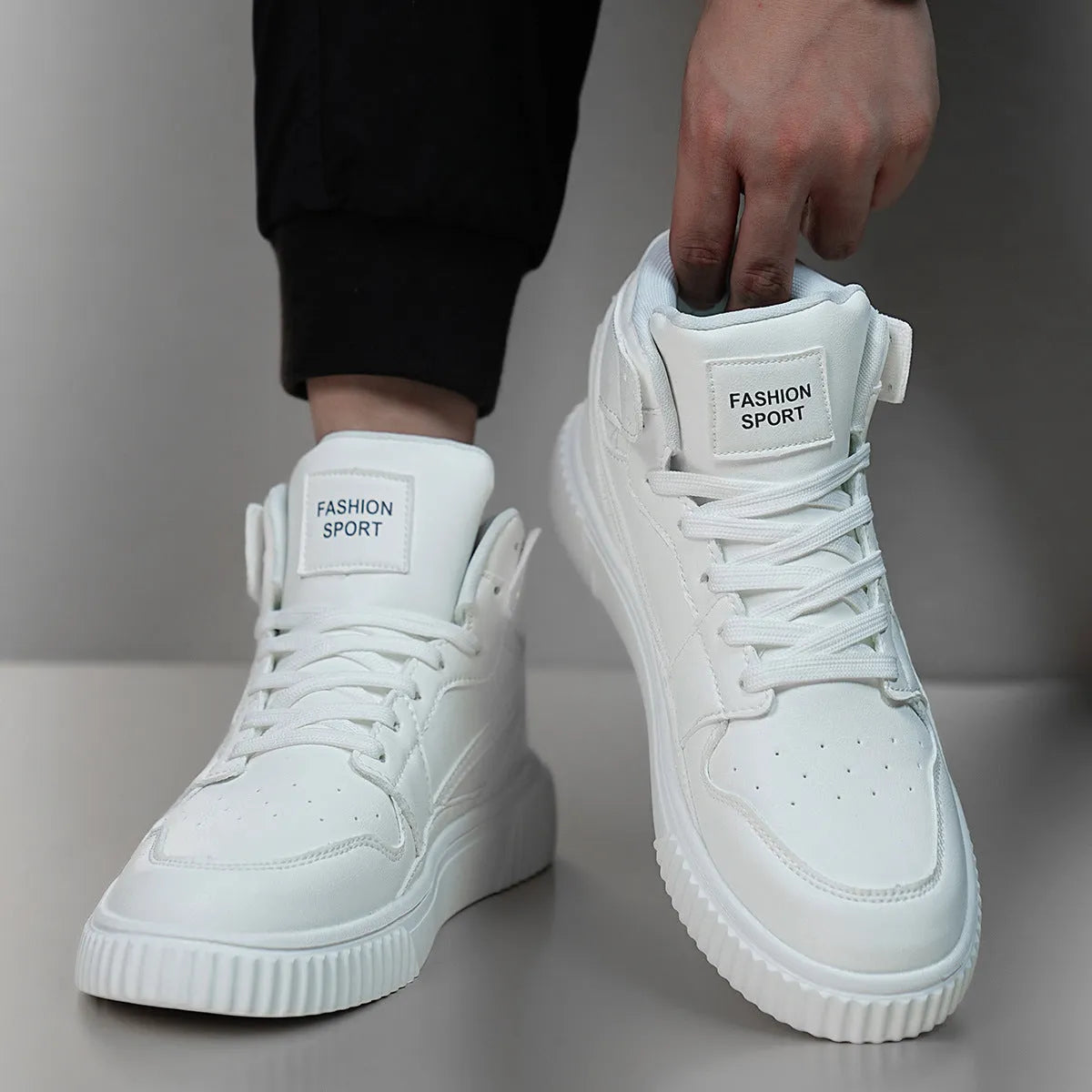 Solid white men's casual round-toe shoes made from microfiber, shown on a plain background.
