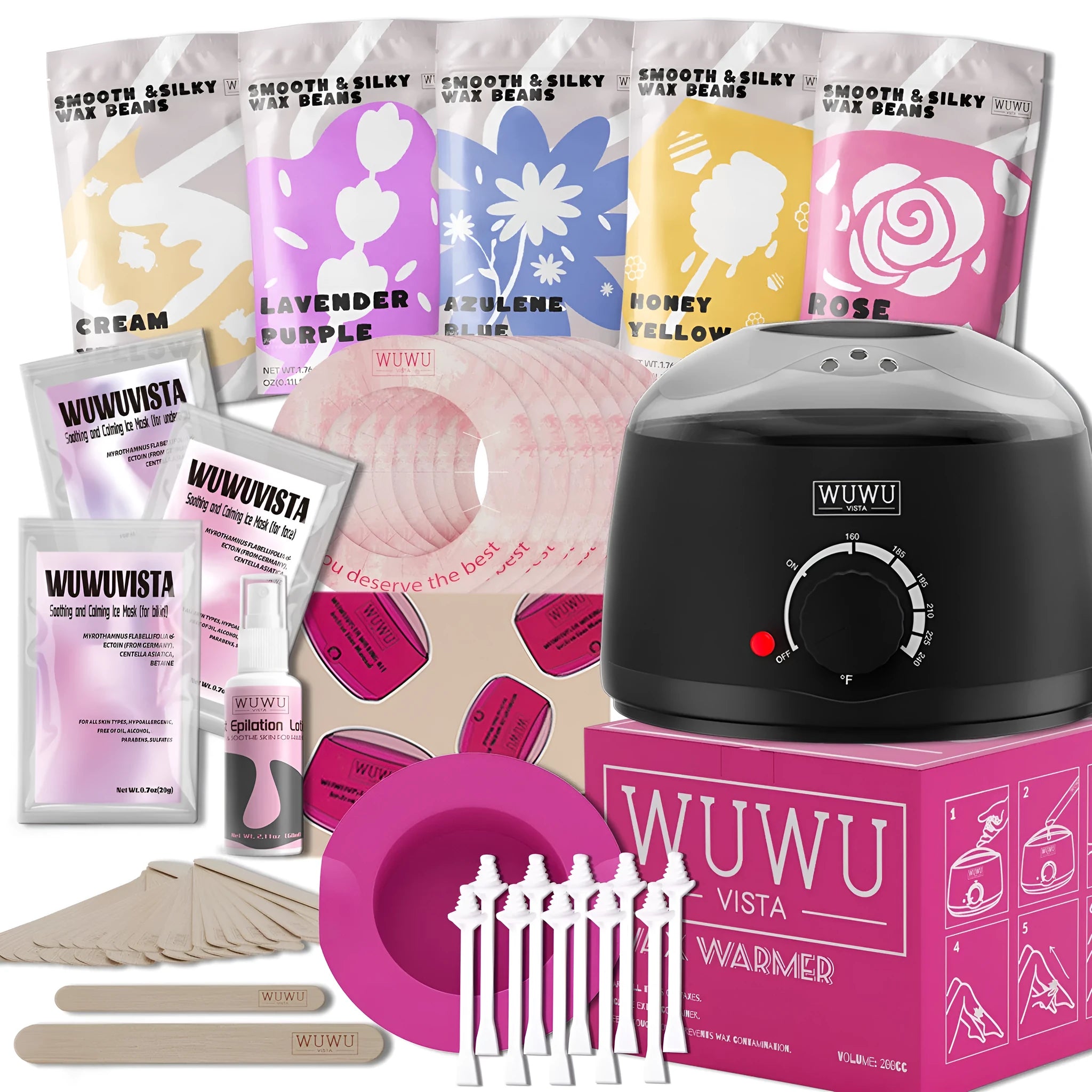 Professional waxing kit with warmer, five jars of hard wax beans, applicator sticks, and aftercare products.