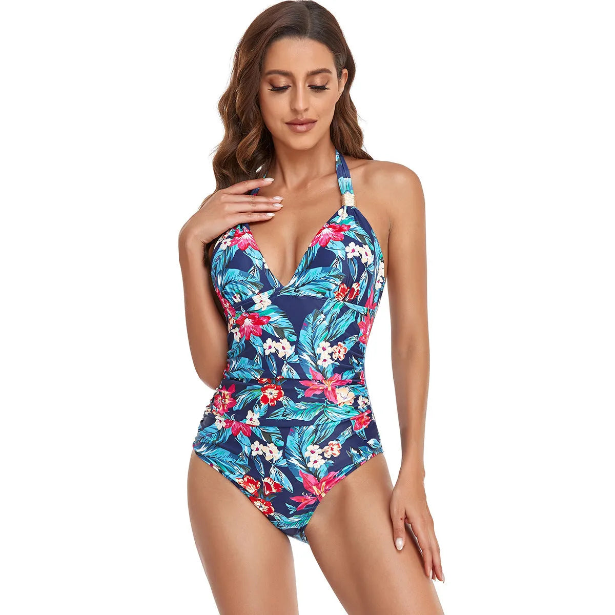 Backless women's one-piece swimsuit available in leopard print and multiple colour options