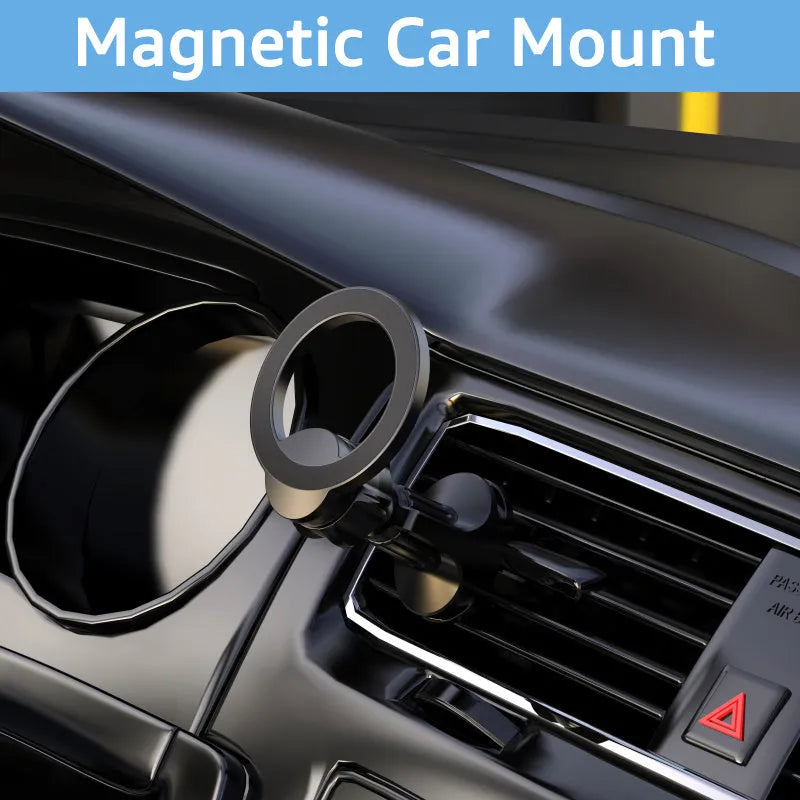 Black magnetic car phone holder with O-ring bracket for air outlet mounting