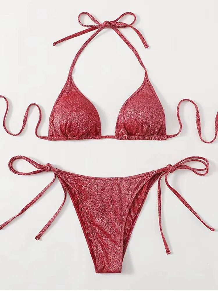 Women's split bandage design bikini swimsuit in polyester fabric with matching top and pants