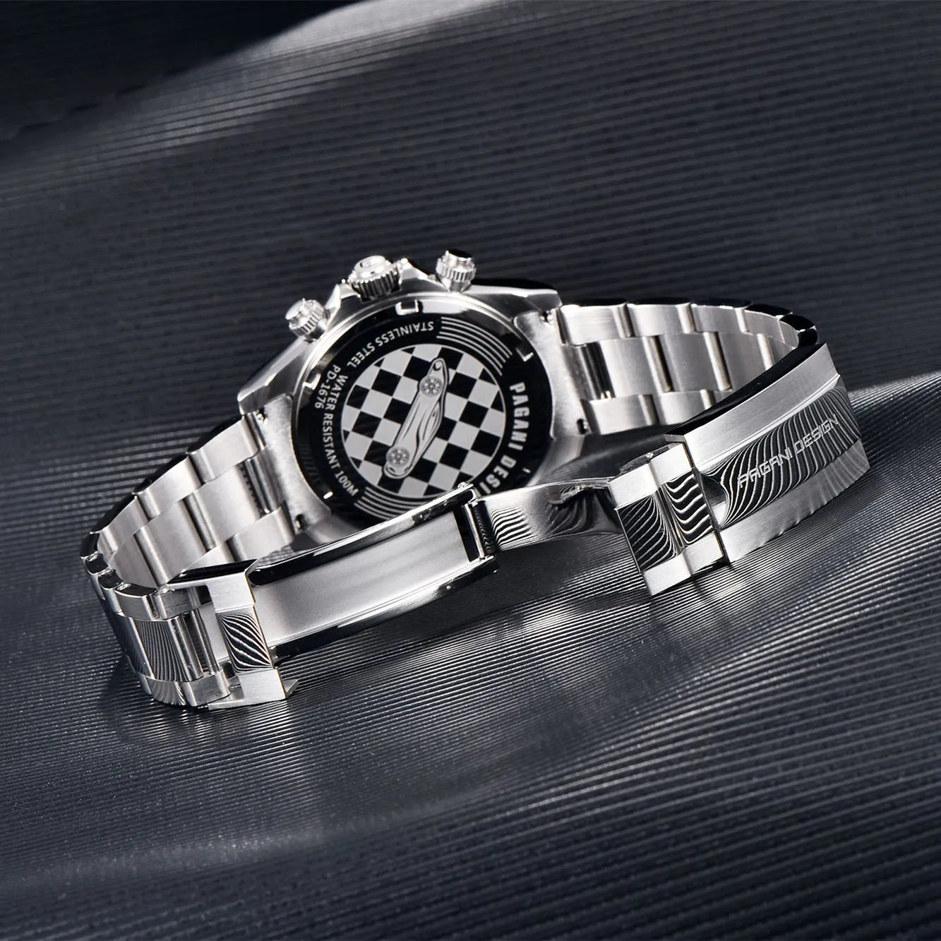 Men's stainless steel chronograph watch with black dial and Seiko VK63 quartz movement.