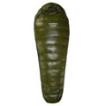 Ultralight mummy-style sleeping bag in army green colour with white duck down filling.