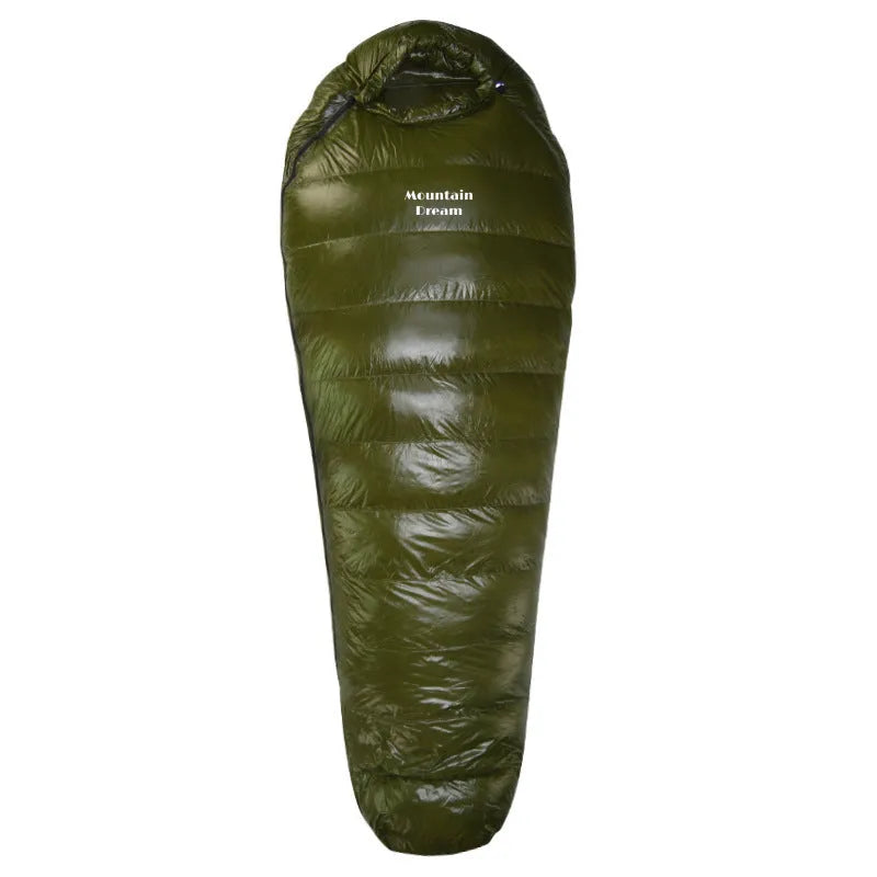 Ultralight mummy-style sleeping bag in army green colour with white duck down filling.
