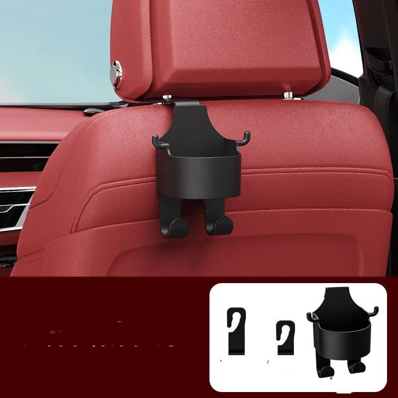 Black plastic car seat back hook organiser with a cup holder and a separate hanging hook.