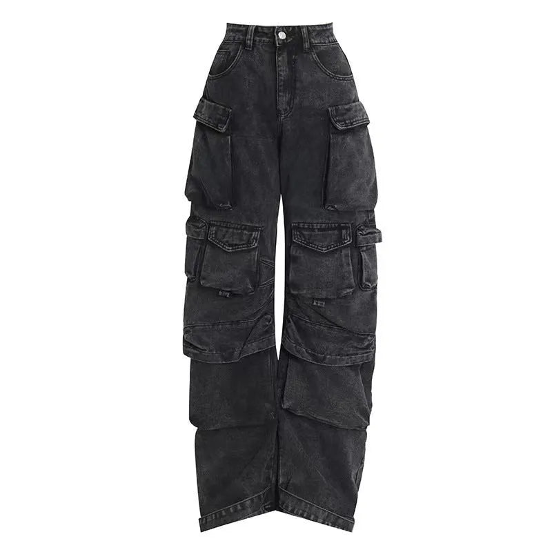Women's high waist wide leg tie-dyed jeans with multi-pocket street hipster styling in cotton denim