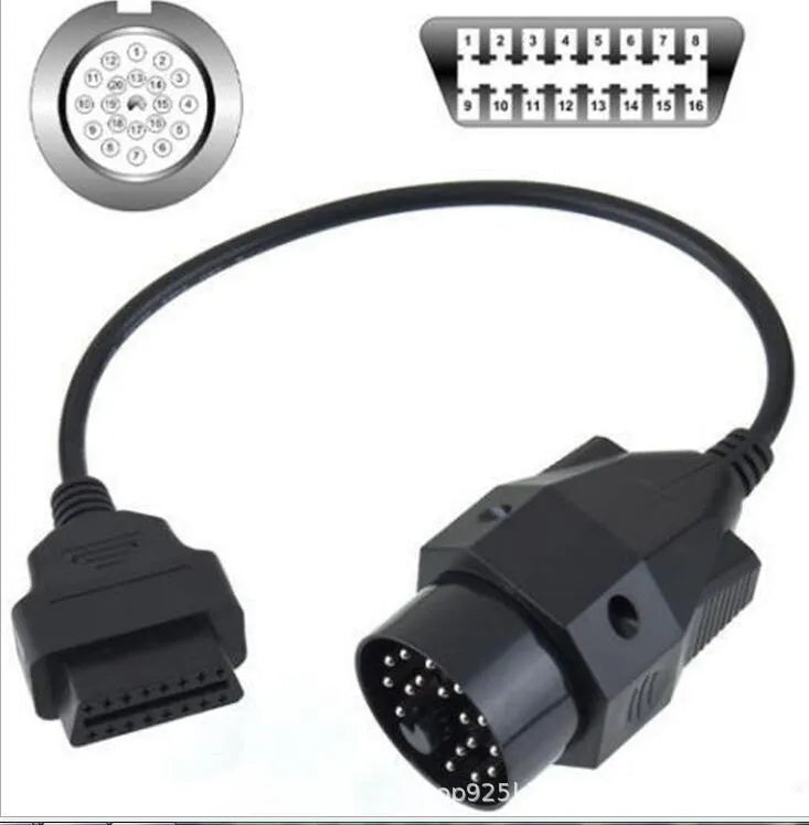 OBD2 adapter cable with BMW 20-pin round plug and standard 16-pin socket for car diagnostics