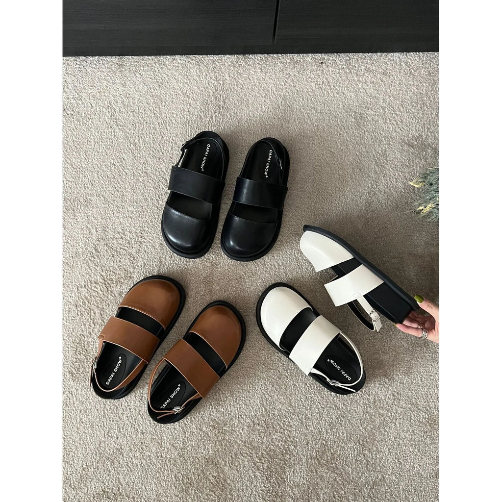 Retro raise-the-bottom closed-toe sandals with ankle-strap buckle in apricot colour