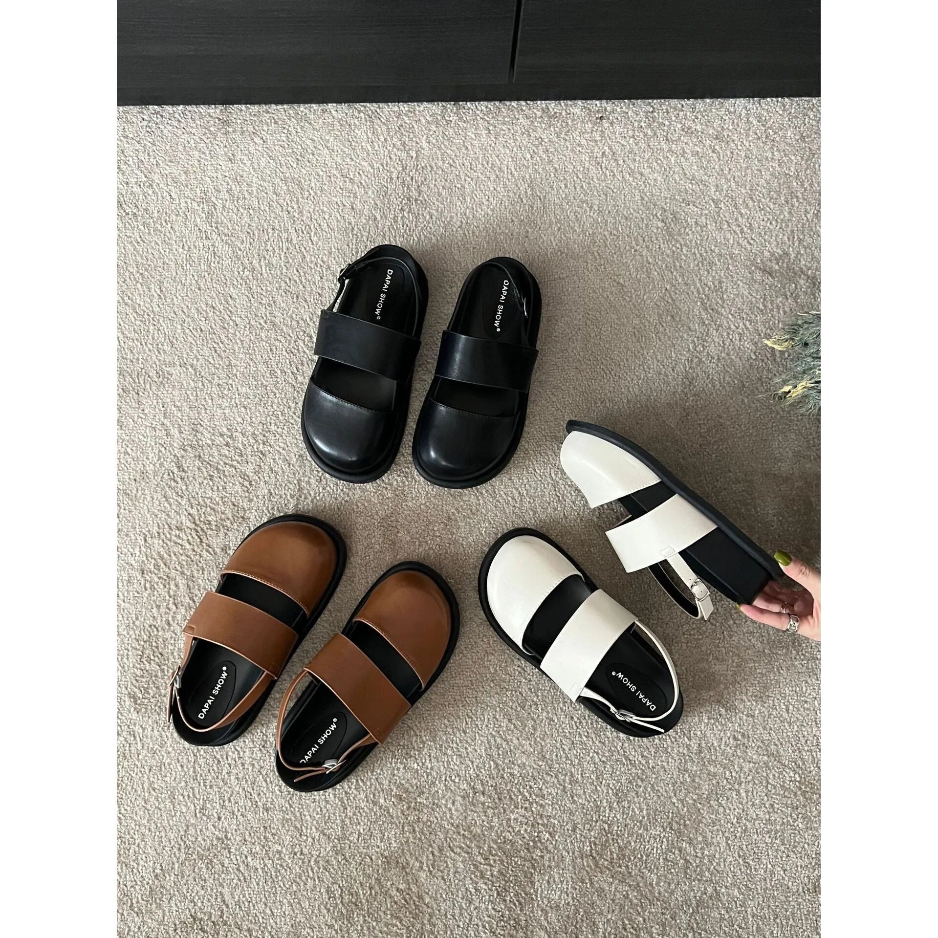 Retro raise-the-bottom closed-toe sandals with ankle-strap buckle in apricot colour