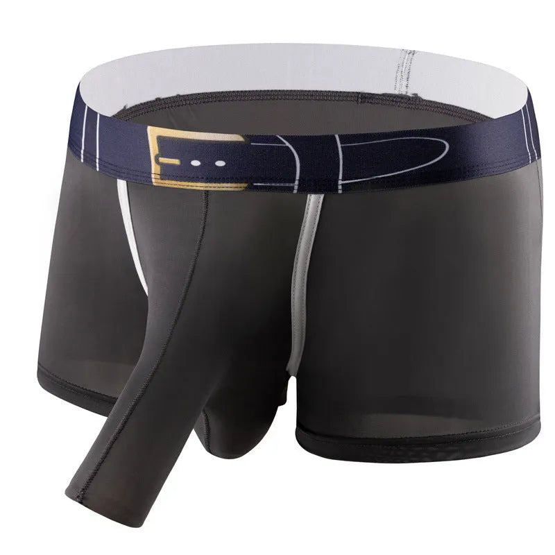 Men's solid colour ice silk boxer shorts laid flat, showing mid-waist design.
