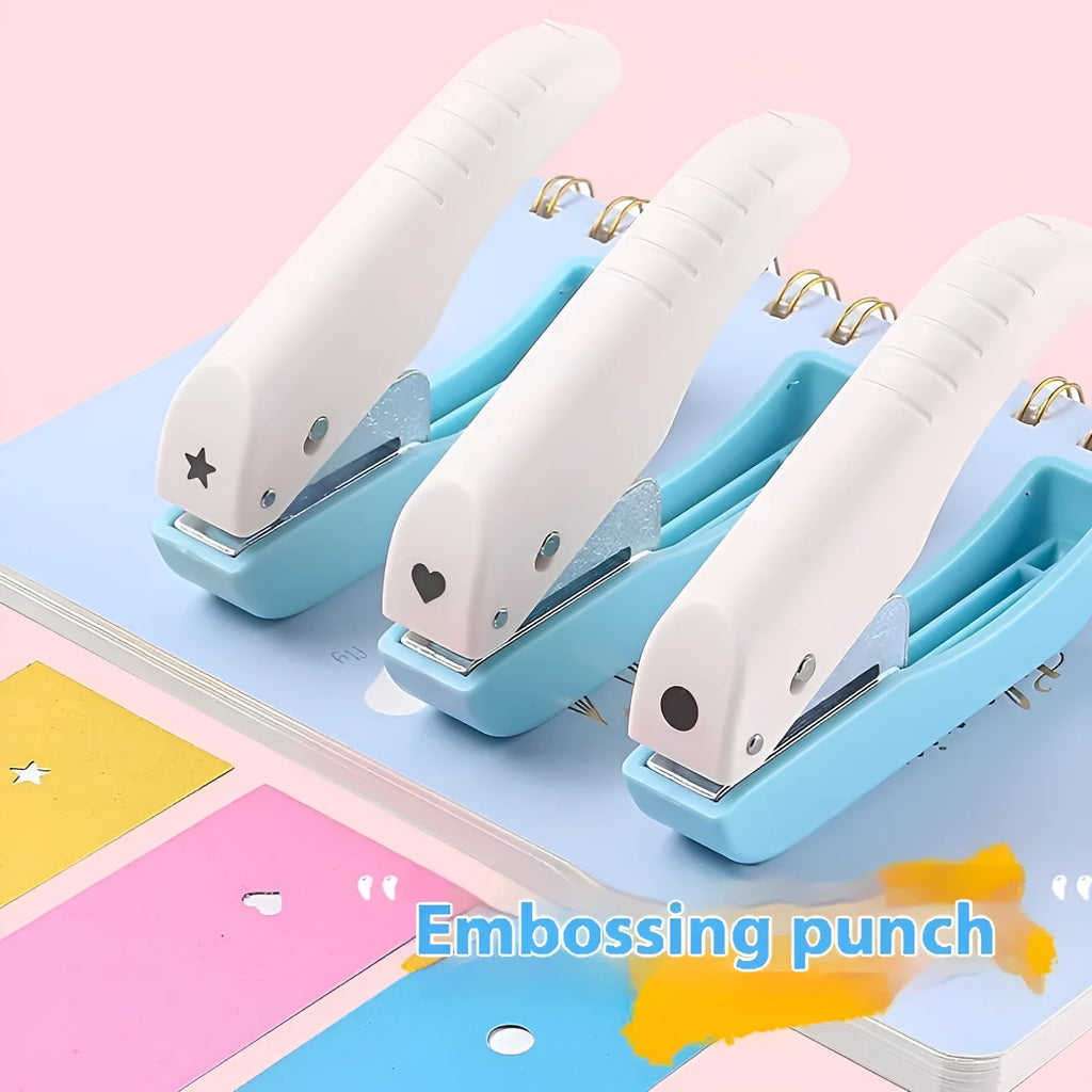 Manual hand-held punching machine for paper crafts with love, star, and round shape patterns.