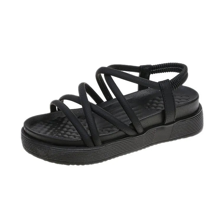 Women's black roman platform sandals with round toe and TPR sole