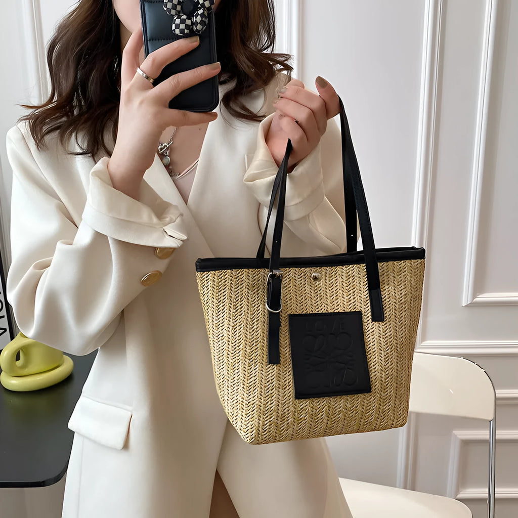 Women's woven straw shoulder bag with large capacity showing European retro styling and three-dimensional pocket