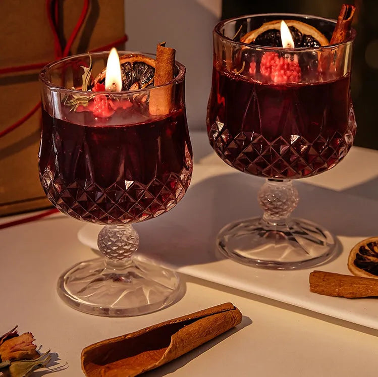 Glass wine goblet containing mulled wine scented candle with crystal jelly wax