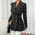 Women's slim fit plaid coat in polyester fibre, medium length 65cm, black colour