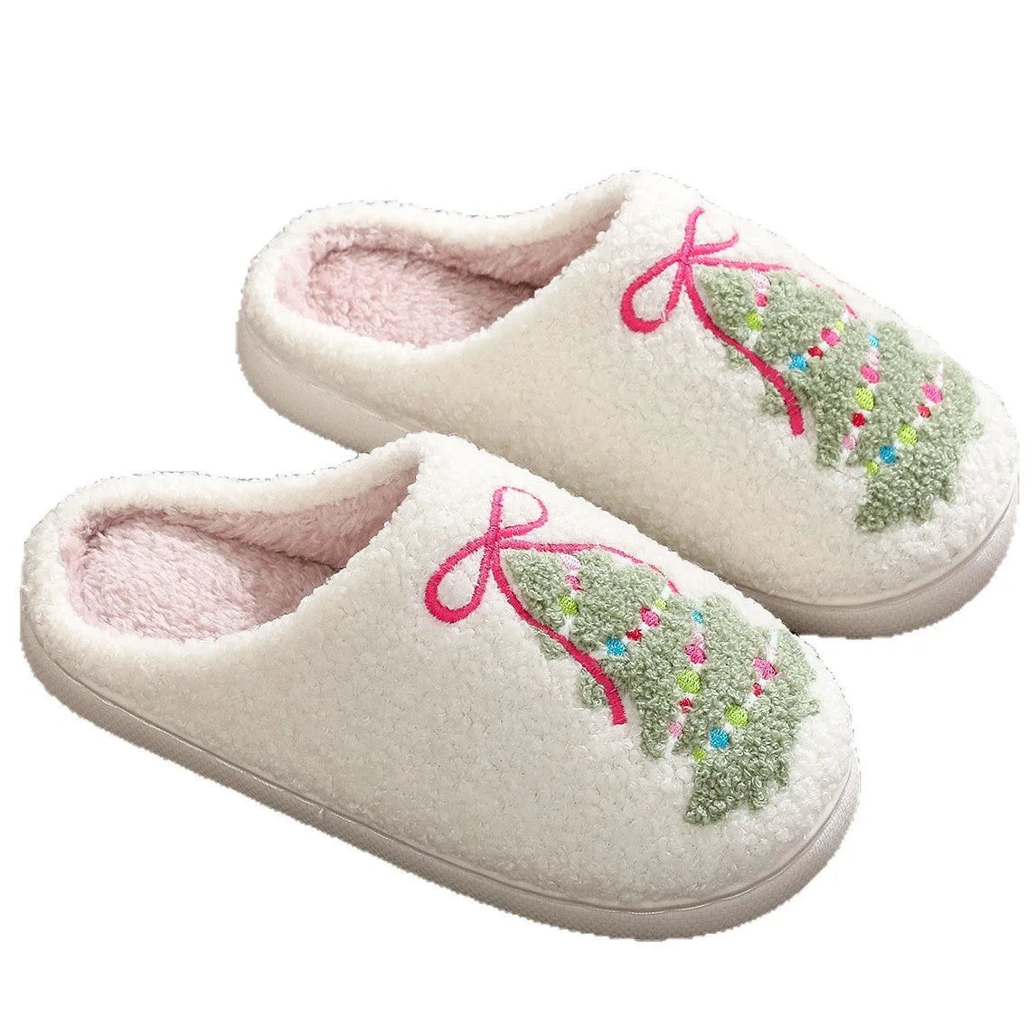 Pair of Christmas tree pattern cotton slippers with bow, thickened plush upper, round toe design, neutral gender