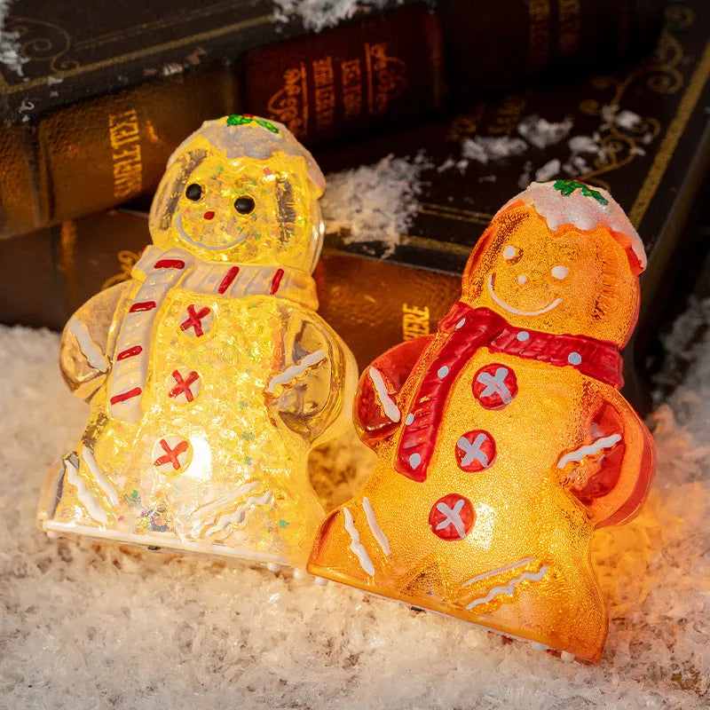 Glowing plastic gingerbread man snowman Christmas ornament with a choice of scarf colours