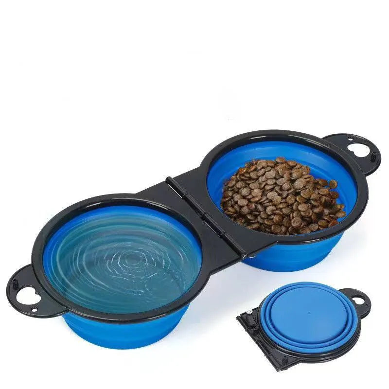 Silicone folding double pet bowl shown open and folded flat in various colours