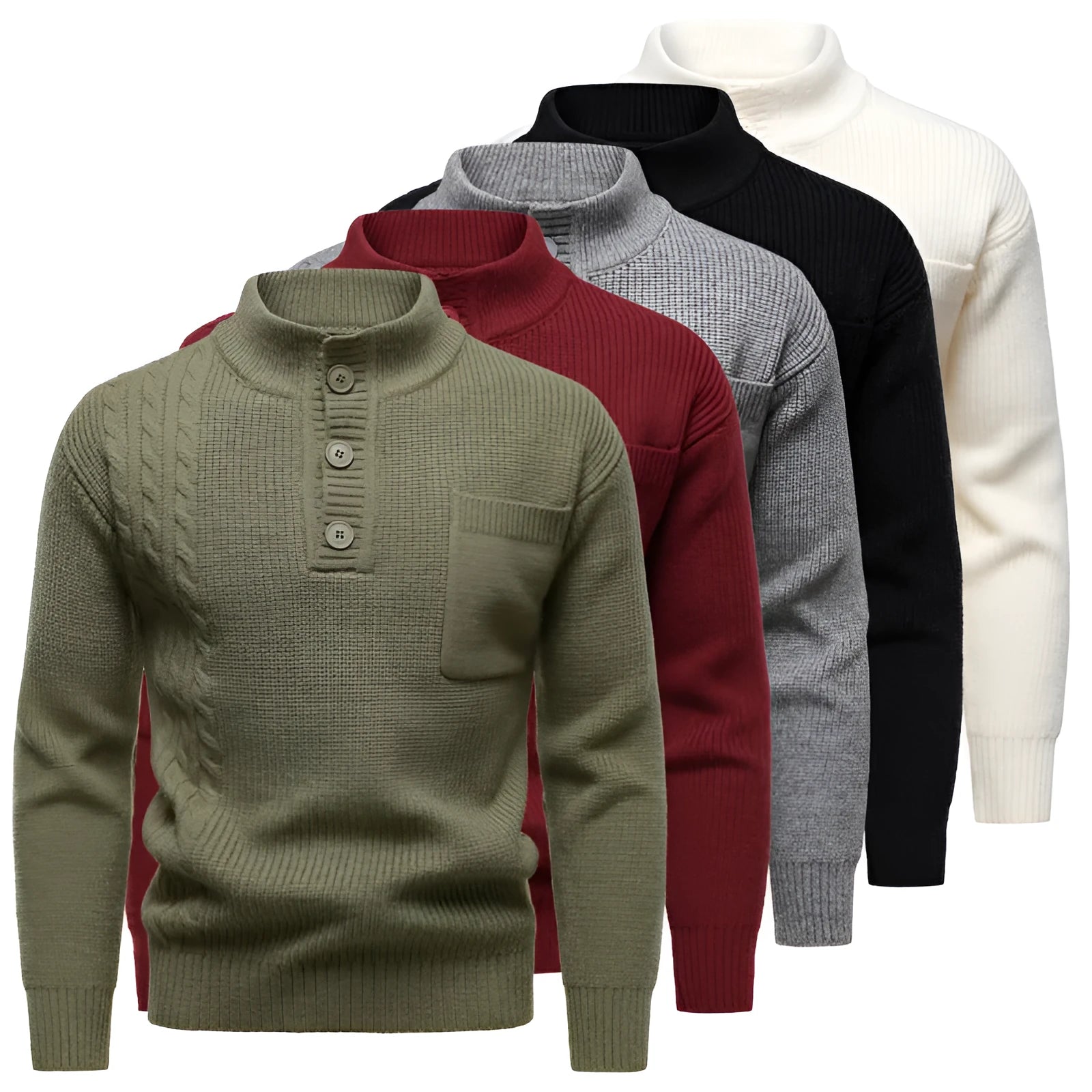 Mens Henry stand collar sweater in beige with batwing sleeves and ribbed hem, available in sizes M to 4XL