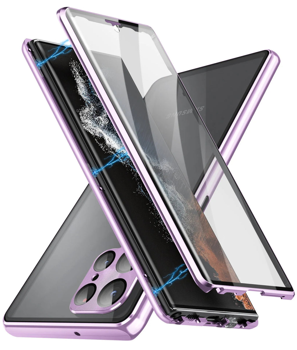 Metal magnetic phone case with integrated peep-proof mirror for Samsung Galaxy S24 Ultra in black.
