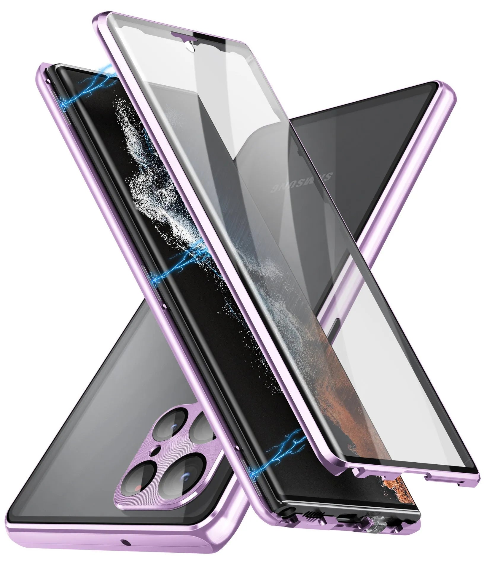 Black magnetic phone case with a mirror for Samsung Galaxy S24 Ultra on a table.