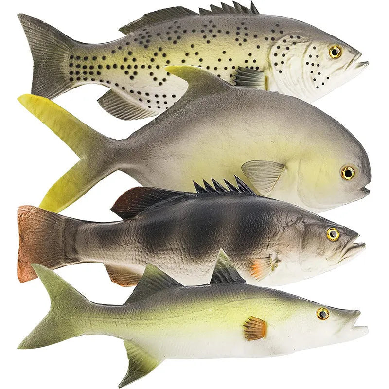 Three PU simulated tuna fish ornaments: yellow-fin tuna, yellow fin tuna, and small tuna models for marine displays