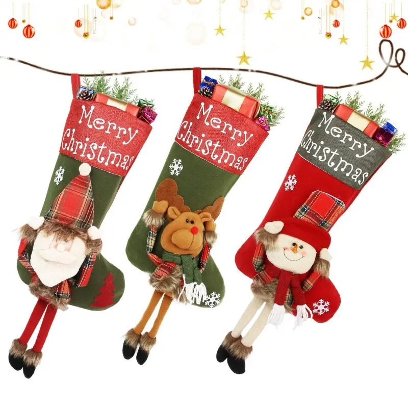 Set of three large red, white, and brown Christmas stockings featuring Santa, Snowman, and Reindeer 3D designs.