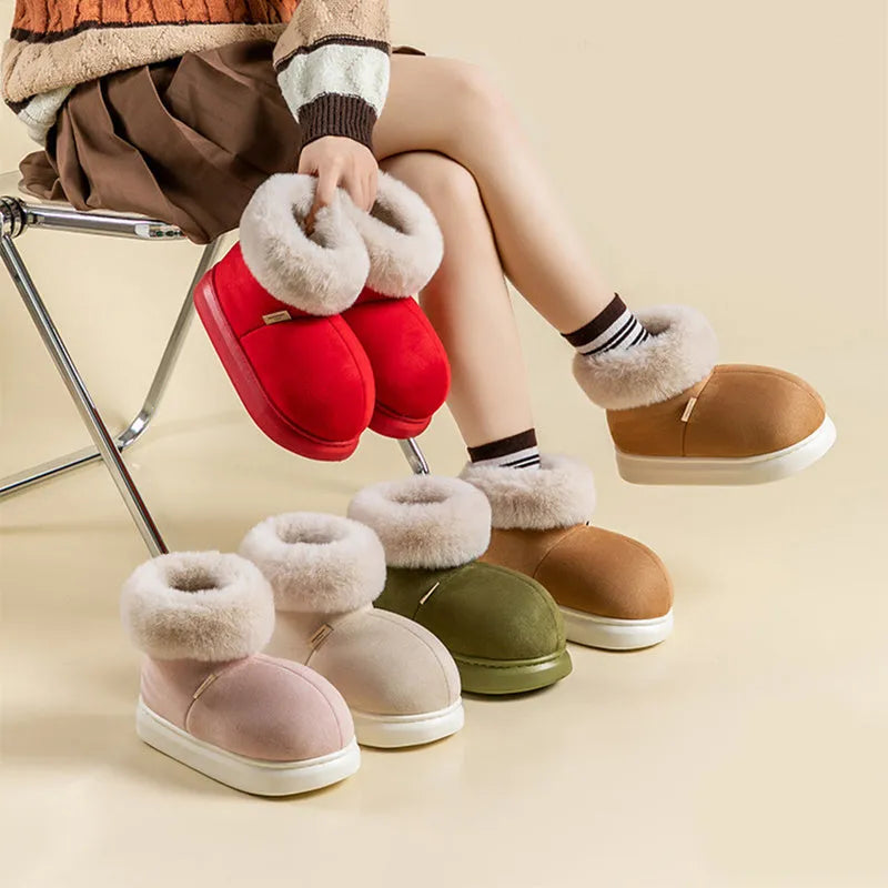 Women's plush winter snow boots with thick EVA sole, round toe, 3cm heel, in beige, green, khaki, pink, red