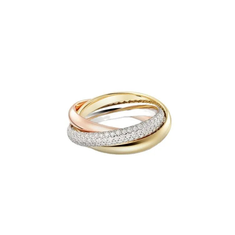 A set of sterling silver couple rings showing full diamond, half diamond, and plain band options in gold rose and silver black finishes.