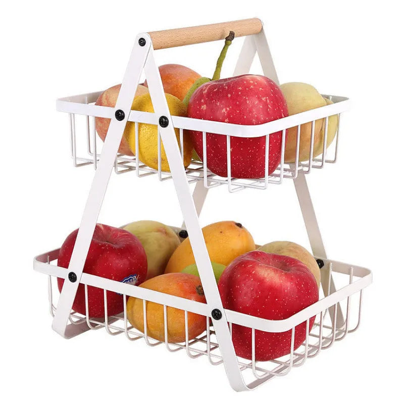 Black detachable iron double-layer fruit basket with wooden handle
