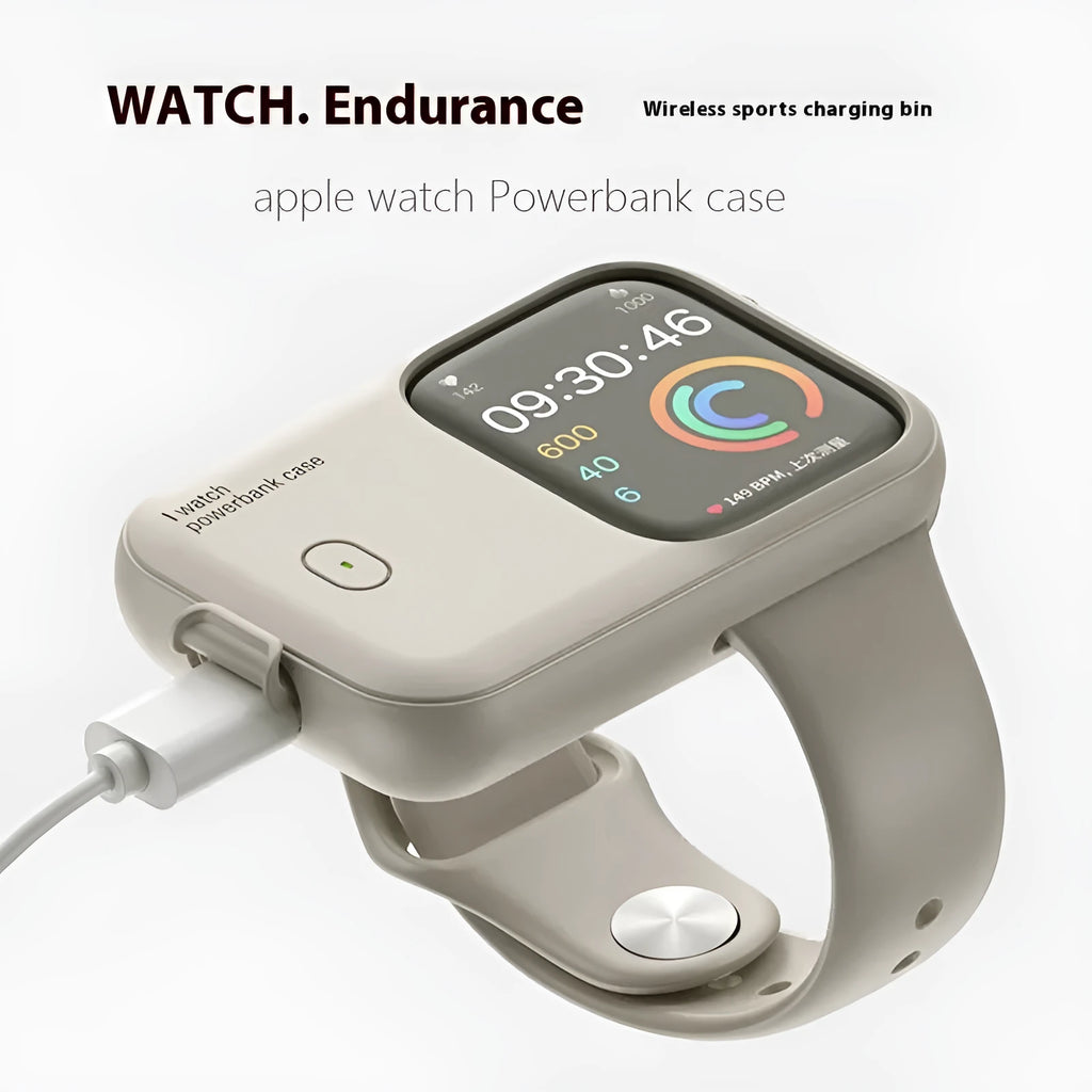 Portable wireless power bank charging case for Apple Watch in silicone case, shown next to watch.