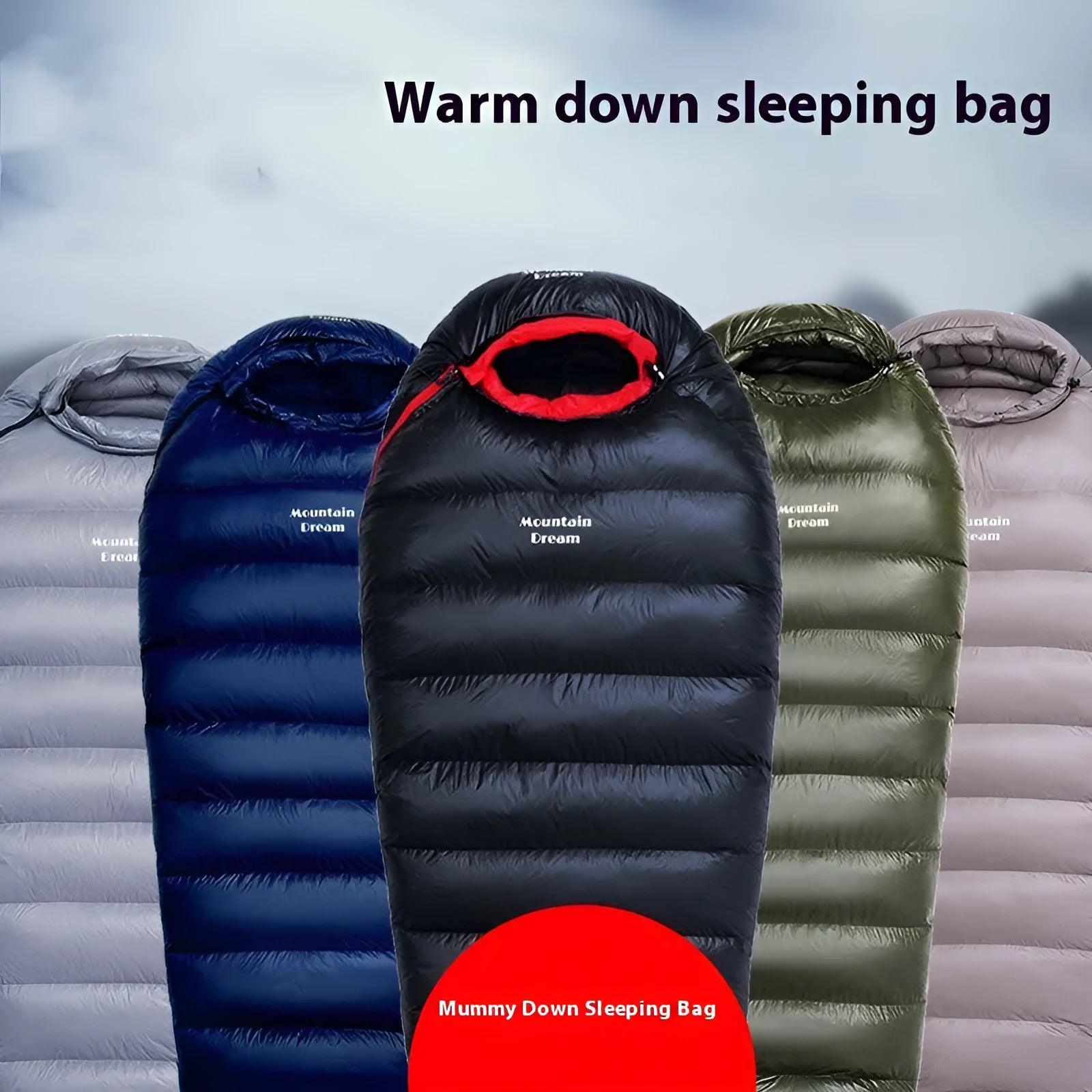 Ultralight mummy-style sleeping bag in army green colour with white duck down filling.