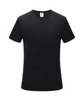 Man wearing a slim-fit quick-dry t-shirt in a solid colour, showing round neck and short sleeves.