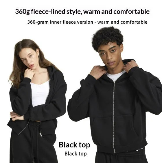 Men's loose fit solid colour casual hooded sweatshirt in black with long sleeves and cardigan style front