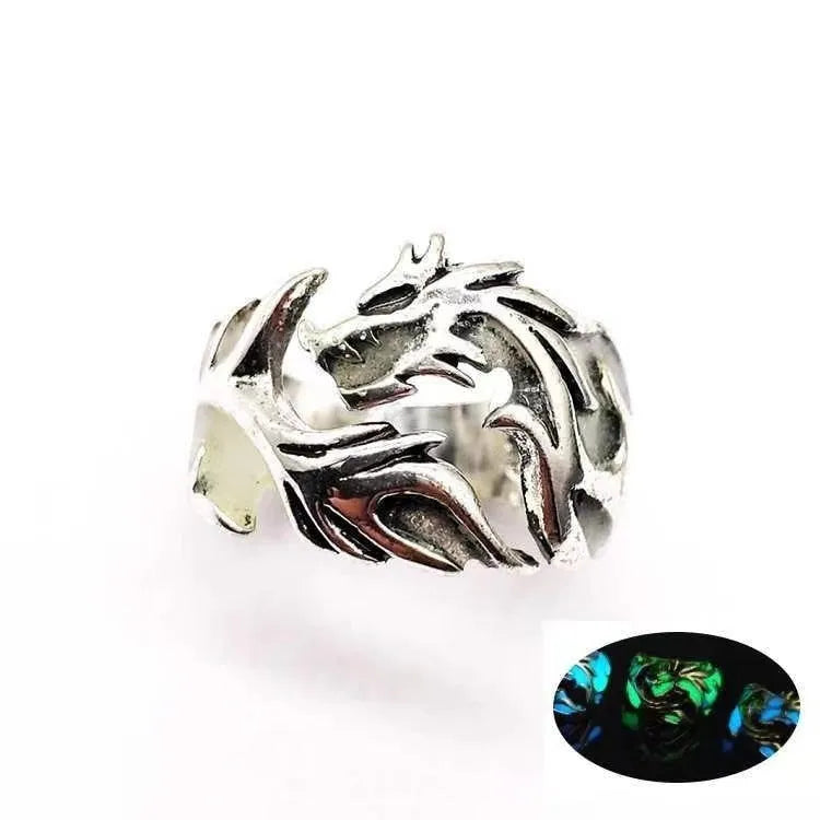 Adjustable Chinese dragon ring with luminous geometric design in antique silver blue and green colours