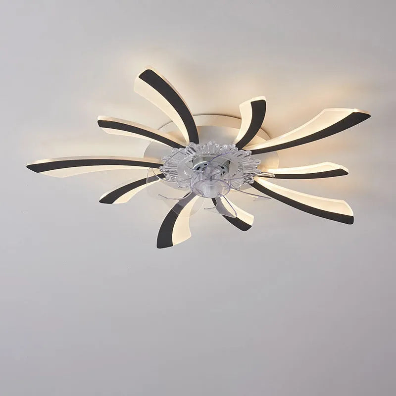Modern white ceiling fan light with six-blade design and integrated light fitting on a room ceiling.