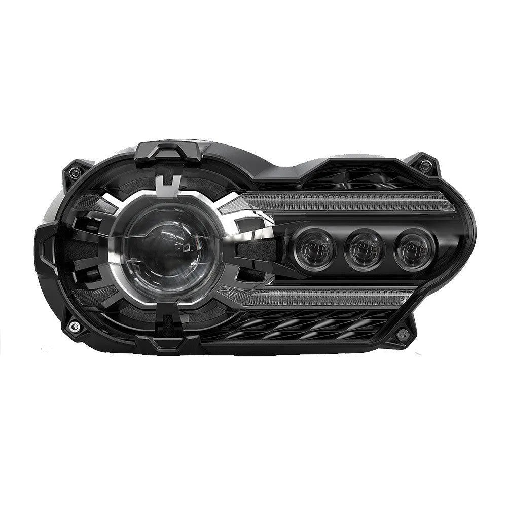 Black LED motorcycle headlight unit showing dimensions of 267mm width and 127mm height.