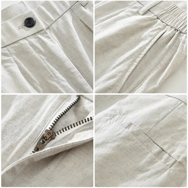 Men's straight-leg cotton linen trousers in loose fit with Japanese retro style, shown in black colour